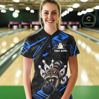 Personalized Blue Raccoon Bowling Shirt for Women Bowling Jersey League Polo & 1/4-Zip Outfit QZT1014