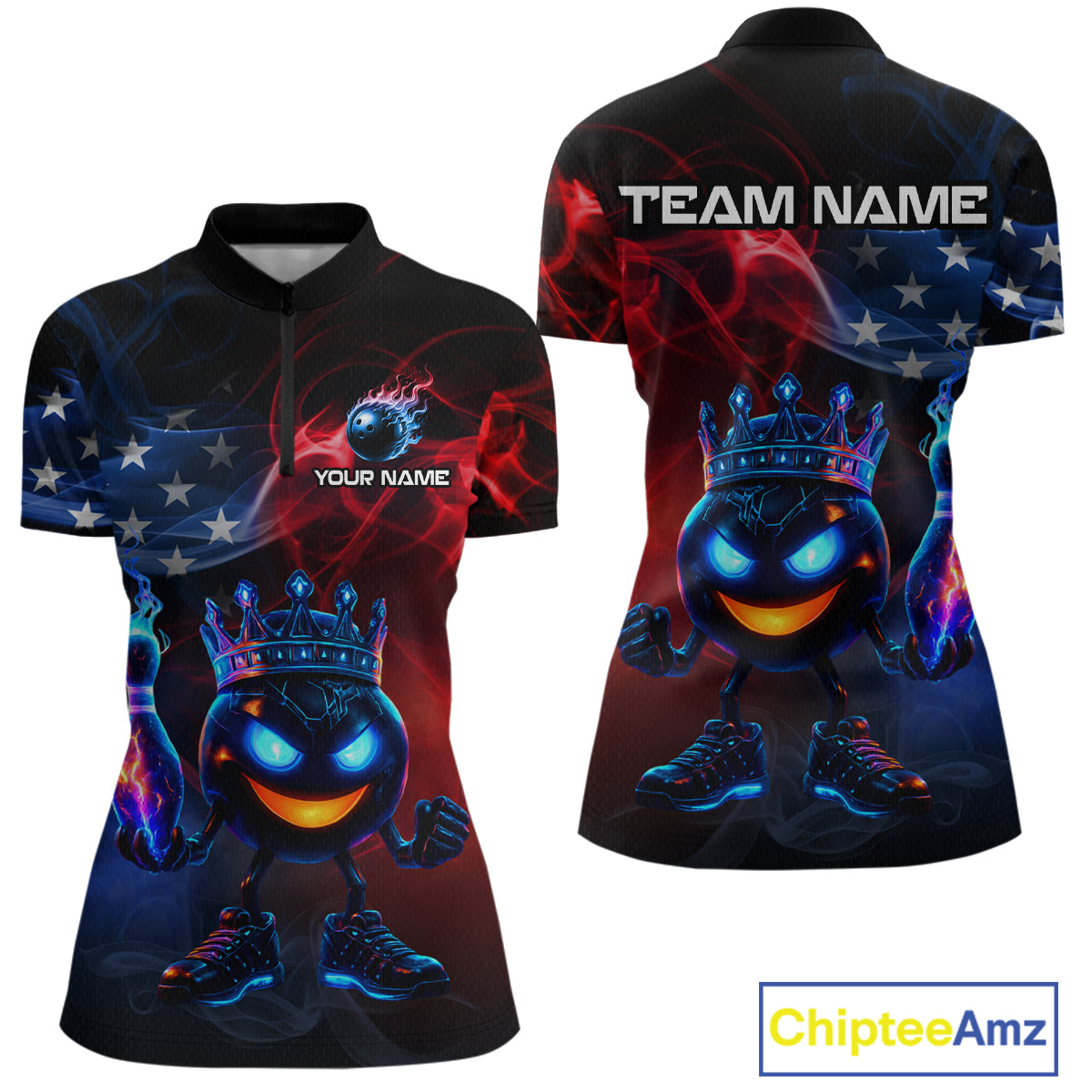Custom American Flag Bowling Shirt Hero Bowling Ball Pin Polo & 1/4 Zip Bowling Jersey for Women QZT800