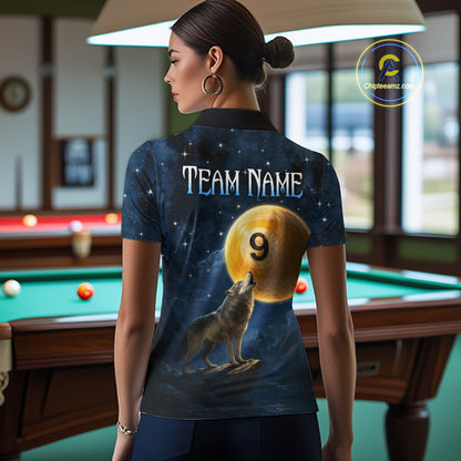 Woman wearing a shirt with a wolf and number 9 design in a pool hall.