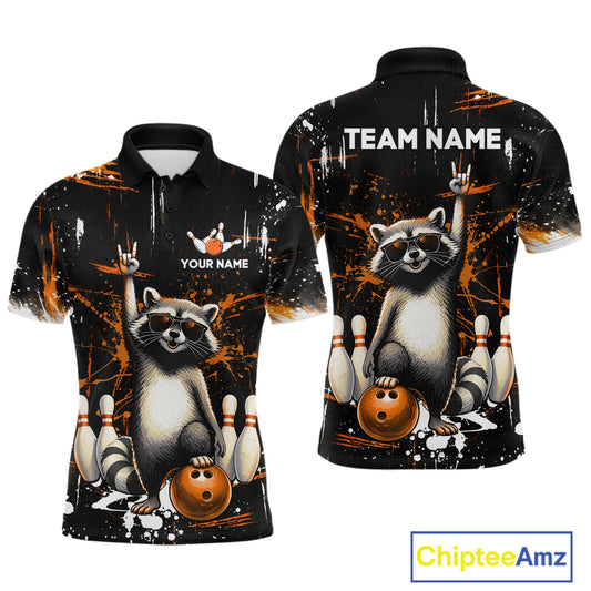 Orange Funny Raccoon Bowling Team Shirt Customized Bowling League Polo & 1/4 Zip Gift for Men QZT852