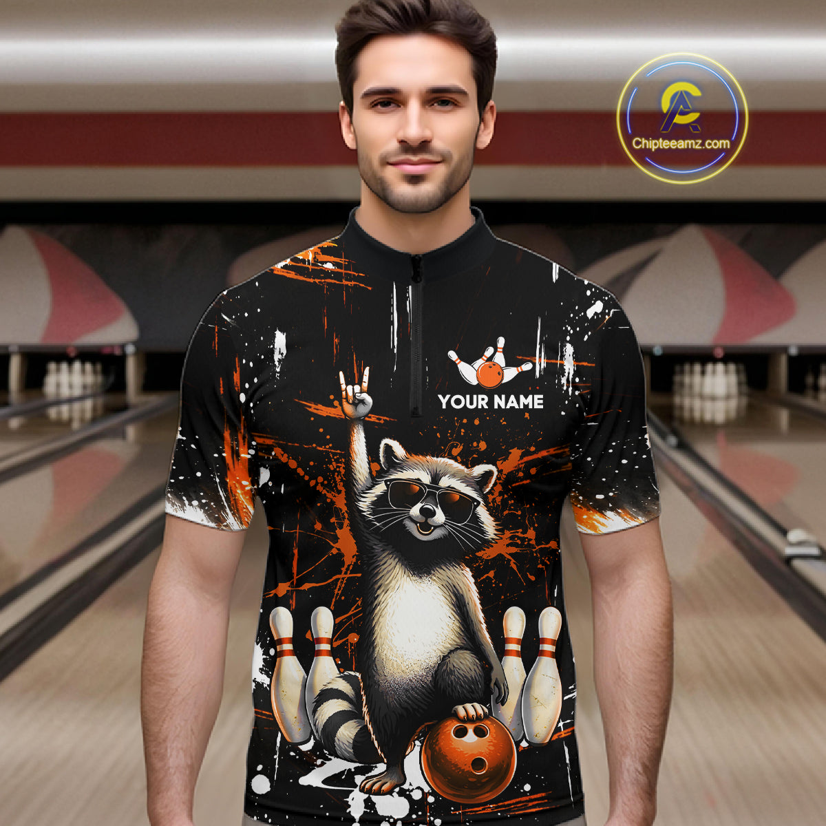 Orange Funny Raccoon Bowling Team Shirt Customized Bowling League Polo & 1/4 Zip Gift for Men QZT852