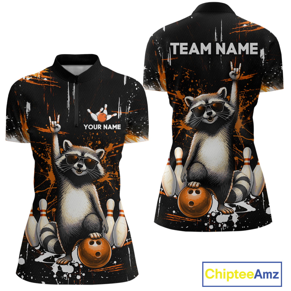 Orange Funny Raccoon Bowling Team Shirt Customized Bowling League Polo & 1/4 Zip Gift for Women QZT852