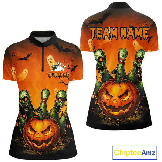 Halloween-themed shirt with pumpkins, ghosts, and zombies on an orange background, featuring 'Chiptee Amz' branding.