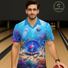 Load image into Gallery viewer, Man wearing a bowling shirt with an underwater design in a bowling alley.