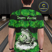 Load image into Gallery viewer, A person viewed from behind wearing a short-sleeve bowling-themed polo shirt with a green frog and bowling ball graphic on the back, standing in a bowling alley. The shirt has a black collar and shoulders, green marbled pattern, 'Team Name' text, and a large frog sitting on a bowling ball.