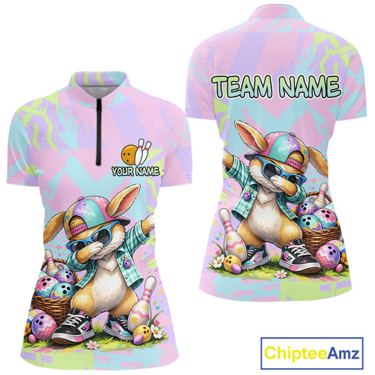 Custom Funny Bunny Bowling Team Shirt for Women Easter Bowling League Jersey Polo & 1/4-Zip QZT938