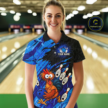 Load image into Gallery viewer, Front view female model wearing custom funny chicken bowling team shirt with cartoon chicken holding bowling ball and bowling pin graphics