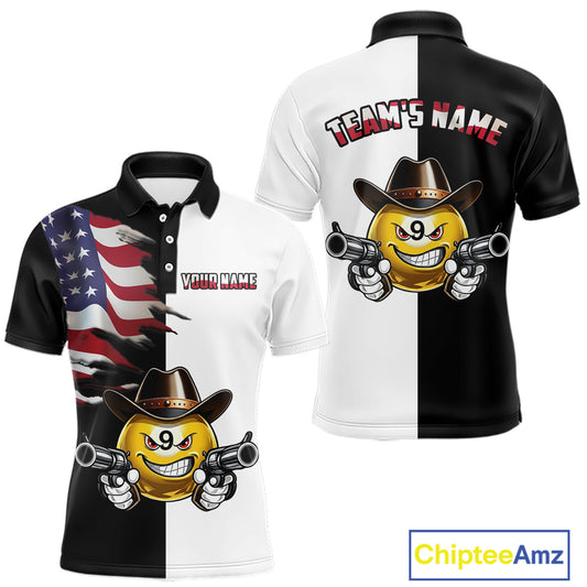 Custom American Flag Funny 8 Ball Pool Billiard Shirts for Men Billiard League Jersey Polo & 1/4 Zip BHT1