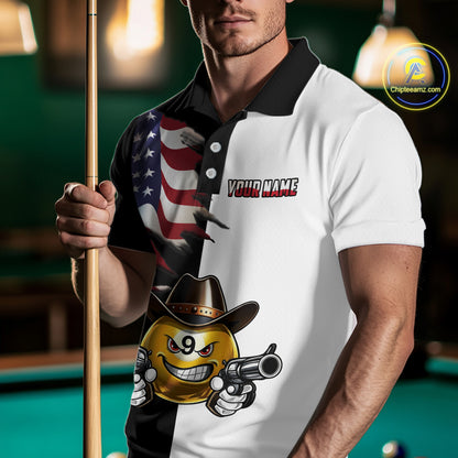 Custom American Flag Funny 8 Ball Pool Billiard Shirts for Men Billiard League Jersey Polo & 1/4 Zip BHT1