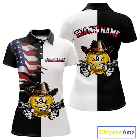 Custom American Flag Funny 8 Ball Pool Billiard Shirts for Women Billiard League Jersey Polo & 1/4 Zip BHT1