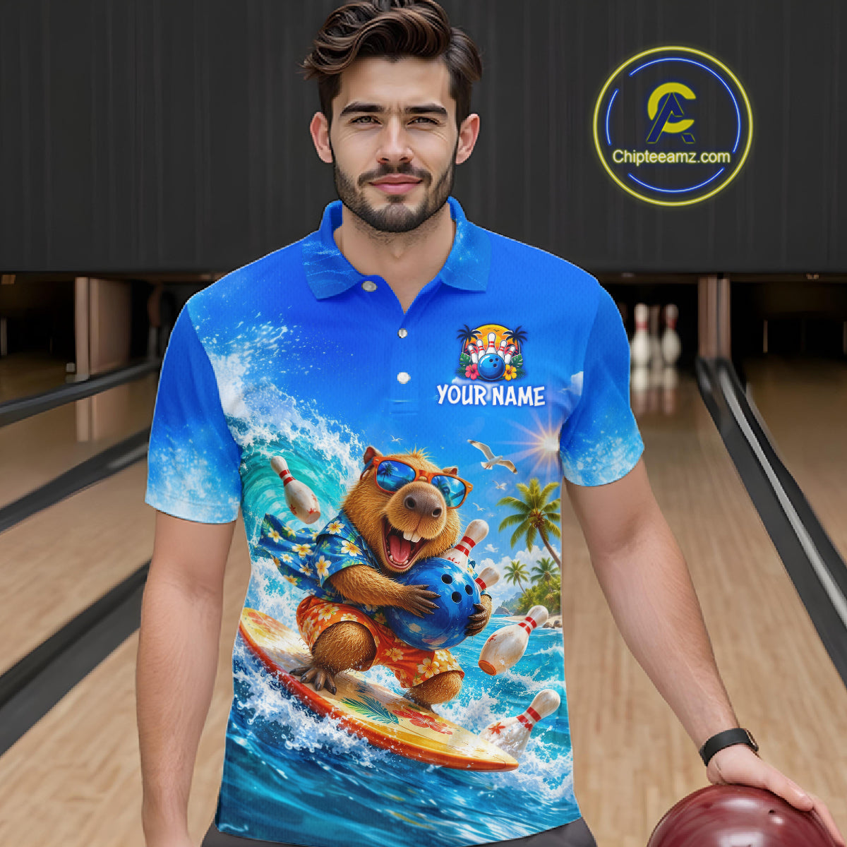 Custom Funny Capypara Surfing Bowling Team Shirt for Men Bowling Jersey League Polo & Quarter-Zip QZT1079