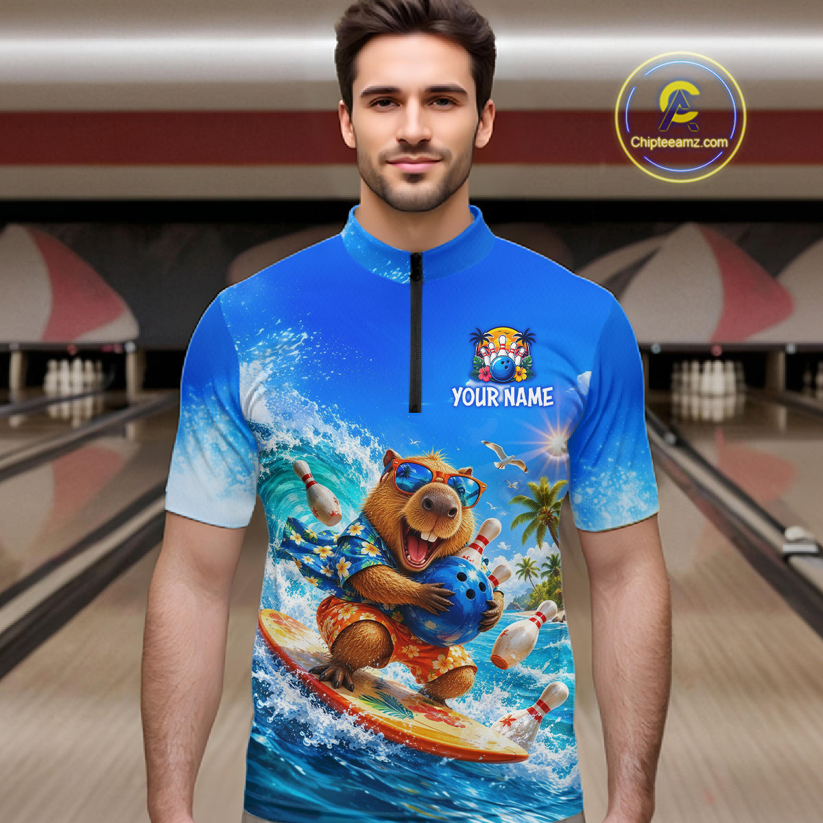 Custom Funny Capypara Surfing Bowling Team Shirt for Men Bowling Jersey League Polo & Quarter-Zip QZT1079
