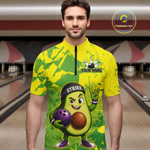 Load image into Gallery viewer, Man wearing a colorful bowling jersey with an avocado character design in a bowling alley.