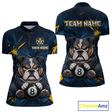 Load image into Gallery viewer, Front and back views of a women's short-sleeve quarter-zip jerseys with a custom funny bulldog graphic design. The shirt features a bulldog holding an 8-ball on the front, and 'YOUR NAME' with placeholder text on the front, 'TEAM NAME' with placeholder text on the back.