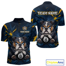 Load image into Gallery viewer, Blue and yellow short-sleeve quarter-zip jersey shown from front and back with a funny bulldog print holding an 8-ball, and customizable text areas including 'TEAM NAME' and 'YOUR NAME'.