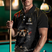 Load image into Gallery viewer, A front view of a custom street style billiards polo shirt worn by a male model holding a pool cue. The shirt features a funny hip hop bulldog and an 8-ball on the front. A 'YOUR NAME' text placeholder. The background is a blurred billiards room with a green pool table.