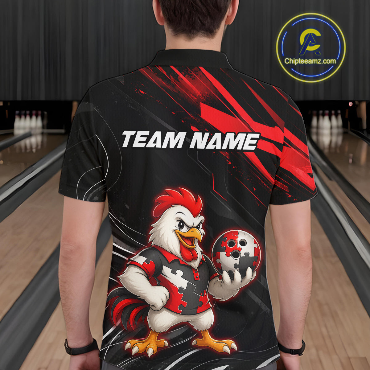 Custom Red Funny Autism Chicken Bowling Shirt for Men Bowling League Jersey Polo & Quarter-Zip QZT1018