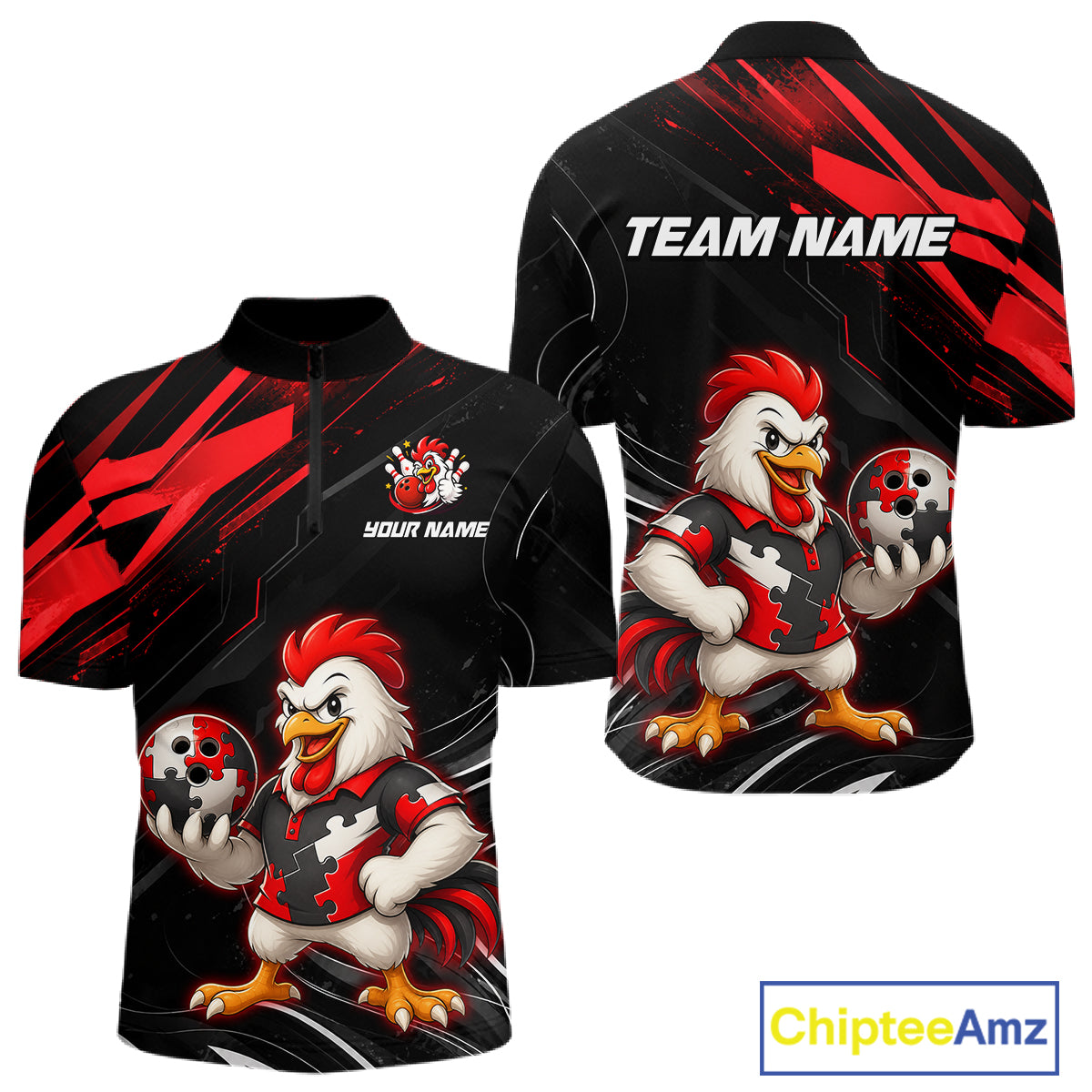 Custom Red Funny Autism Chicken Bowling Shirt for Men Bowling League Jersey Polo & Quarter-Zip QZT1018