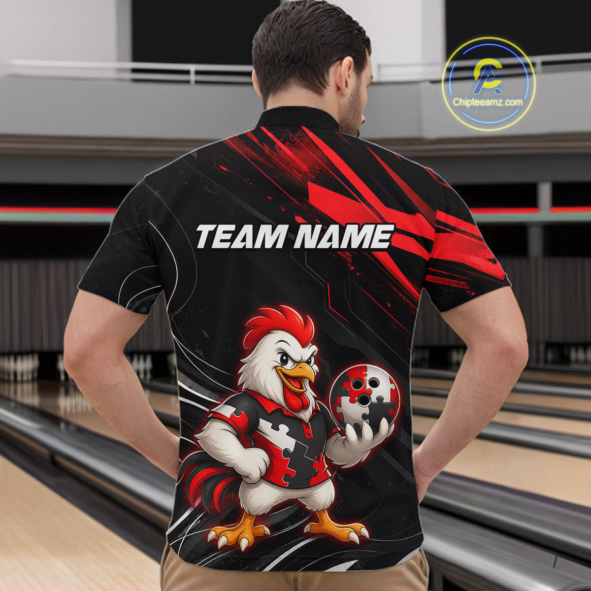 Custom Red Funny Autism Chicken Bowling Shirt for Men Bowling League Jersey Polo & Quarter-Zip QZT1018