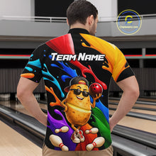 Load image into Gallery viewer, Colorful bowling-themed shirt with a potato character on a bowling alley background