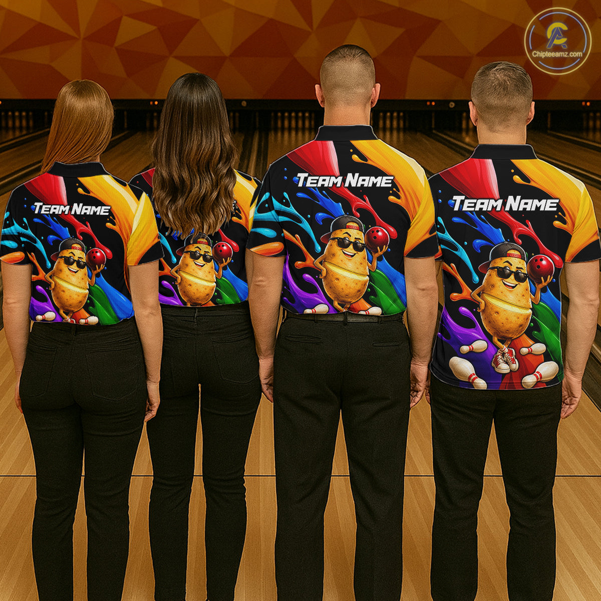 Four people wearing colorful bowling shirts with a cartoon character and 'Team Name' text at a bowling alley.