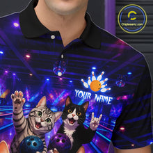 Load image into Gallery viewer, Person wearing a polo shirt with two cats holding bowling balls and an orange bowling ball, with 'Your Name' text, in a bowling alley setting.
