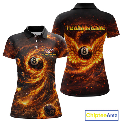 Orange Flame Billiard Shirt for Women Custom Wings 8 Ball Billiard Jersey Polo & 1/4 Zip Billiard Outfit BHT9