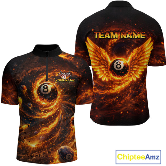 Orange Flame Billiard Shirt for Men Custom Wings 8 Ball Billiard Jersey Polo & 1/4 Zip Billiard Outfit BHT9