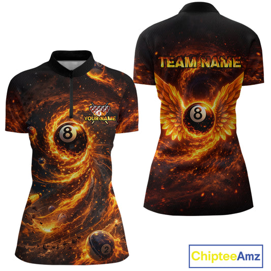 Orange Flame Billiard Shirt for Women Custom Wings 8 Ball Billiard Jersey Polo & 1/4 Zip Billiard Outfit BHT9