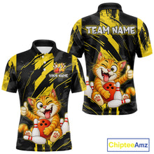 Load image into Gallery viewer, Front and back view custom black yellow cat bowling polo shirt featuring a playful cartoon cat with bowling ball, bowling pins and yellow black paint stroke pattern, personalized with team name and player name