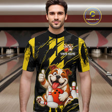 Load image into Gallery viewer, Male model wearing a custom black yellow bulldog bowling quarter-zip shirt front view featuring a playful cartoon bulldog, bowling ball, bowling pins and yellow black paint stroke pattern at the bowling alley