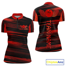 Load image into Gallery viewer, Front and back view custom black red bowling quarter-zip shirt featuring a red bowling ball emblem, dynamic gold brush stroke pattern and striped design, personalized with team name and player name