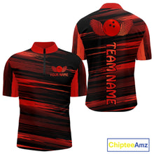 Load image into Gallery viewer, Front and back view custom black red bowling quarter-zip shirt featuring a red bowling ball emblem, dynamic red brush stroke pattern and striped design, personalized with team name and player name