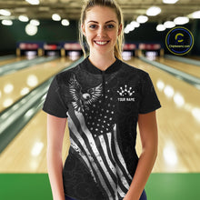 Load image into Gallery viewer, Male model wearing a custom black patriotic bowling quarter-zip shirt front view featuring a distressed American flag, bald eagle emblem and grunge pattern at the bowling alley