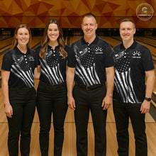 Load image into Gallery viewer, Group of four wearing custom black patriotic bowling shirts front view featuring distressed American flag artwork, bald eagle emblem and grunge pattern at the bowling alley