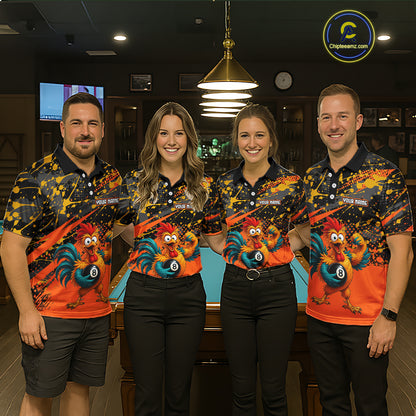 Custom Orange Funny Chicken Billiard Shirt, 8 Ball Pool Team Jersey for Women, Polo & 1/4 Zip BHT106