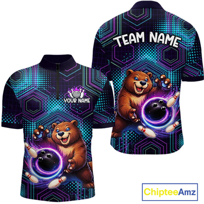 Custom Funny Bear Bowling Shirt for Men Bowling League Jersey Polo & 1/4 Zip Bowling Outfit QZT986