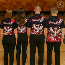 Load image into Gallery viewer, Four people wearing bowling shirts with a chicken design on a bowling alley.