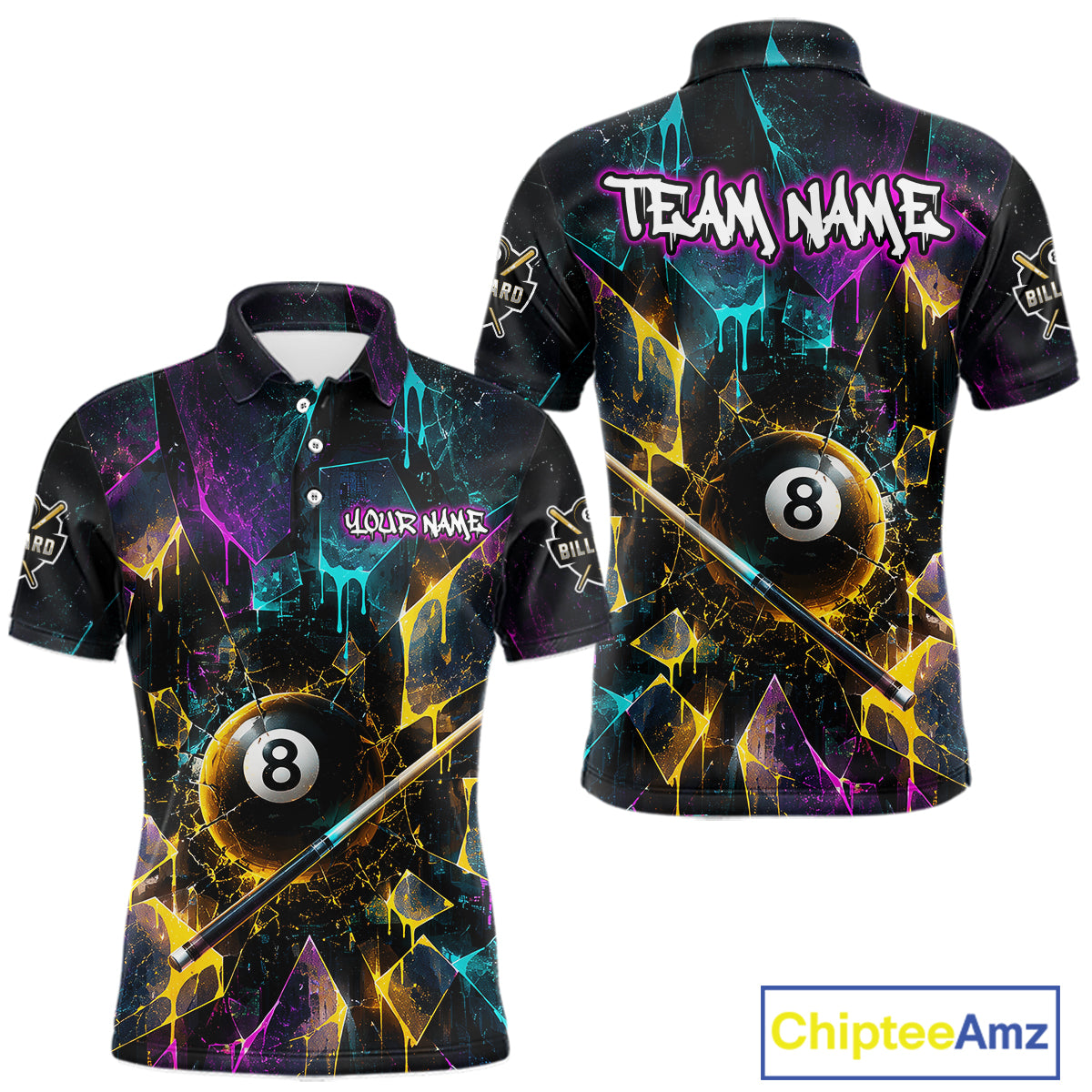 Front and back view custom colorful shattered glass 8 ball billiard polo shirt featuring personalized team name design