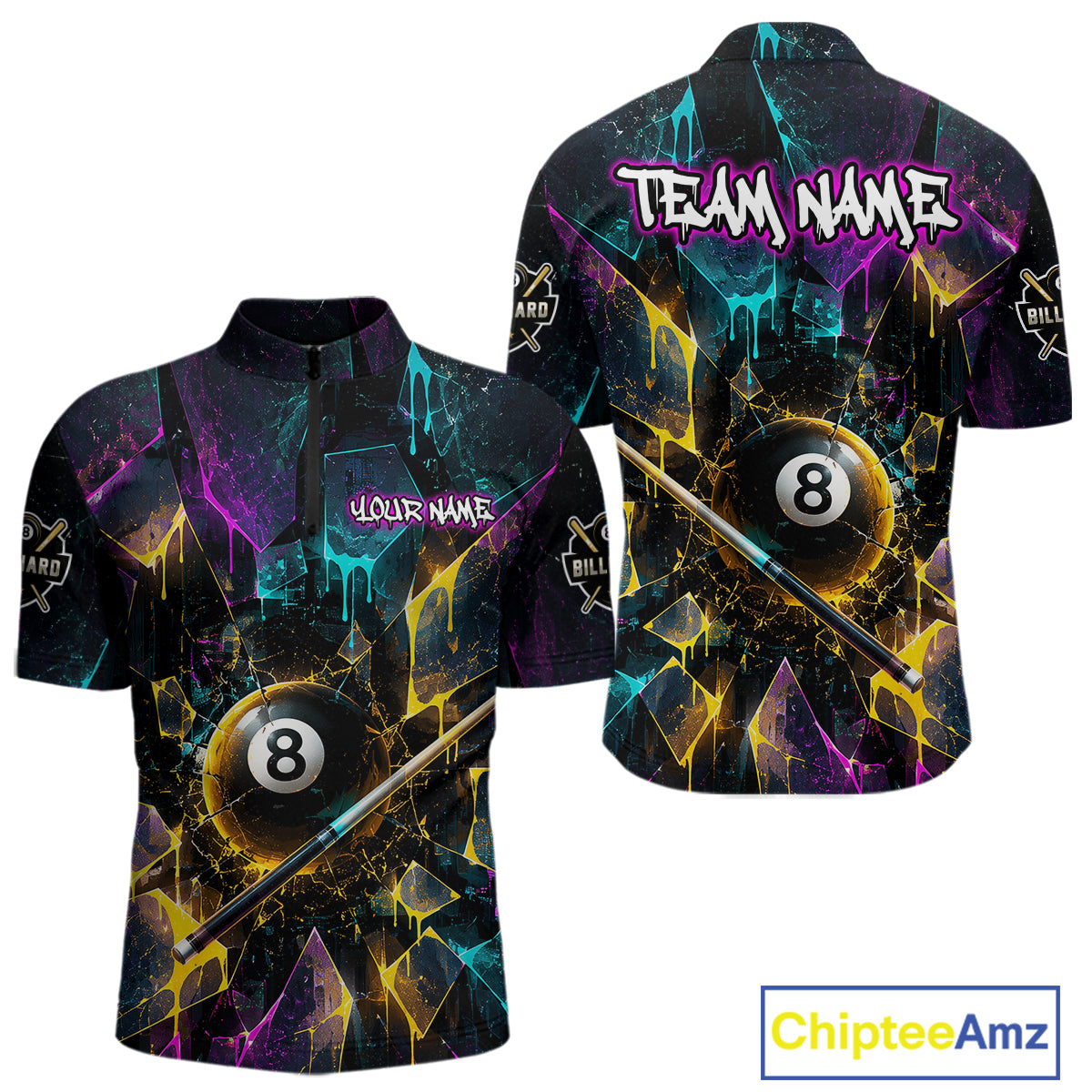 Front and back view custom colorful shattered glass 8 ball billiard quarter-zip shirt featuring personalized team name design