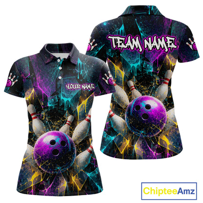 Front and back views of a women's short-sleeve polo shirt featuring a vibrant bowling-themed graphic print with purple bowling balls, white pins, and neon splatter effects on a black background. The shirt includes customizable text placeholders 'YOUR NAME' and 'TEAM NAME'.