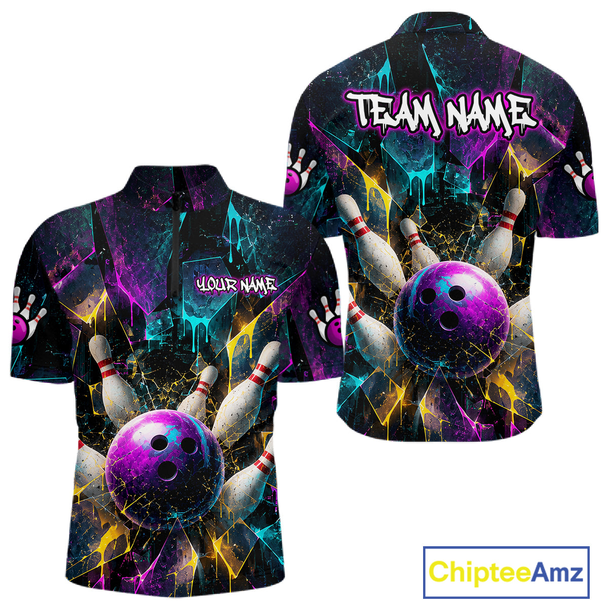Front and back views of a short-sleeve bowling-themed shirt with a vibrant cosmic design featuring a purple bowling ball, bowling pins, and neon splatters on a black background. The back features 'TEAM NAME' and the front has 'YOUR NAME' placeholders.