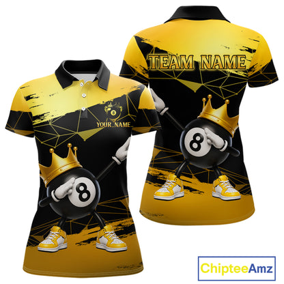 Front and back view custom black and gold geometric crown 8 ball billiard polo shirt featuring personalized team name design