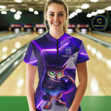 Load image into Gallery viewer, Personalized Purple Neon Owl Bowling Shirt for Women Bowling Jersey Gift for Bowler Polo &amp; 1/4-Zip QZT904