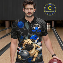 Load image into Gallery viewer, Man wearing a bowling-themed shirt with a pug design on a bowling alley.