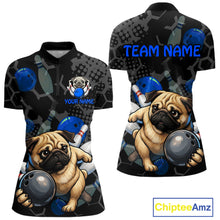 Load image into Gallery viewer, Two polo shirts with pug dog design and bowling elements, one with 'Team Name' and 'Your Name' text space.