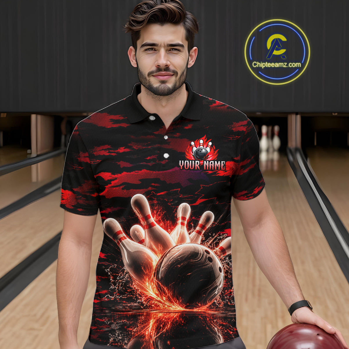 Flame Red Pattern Bowling Shirt for Men Bowling Team Jersey Polo & 1/4-Zip QZT1027