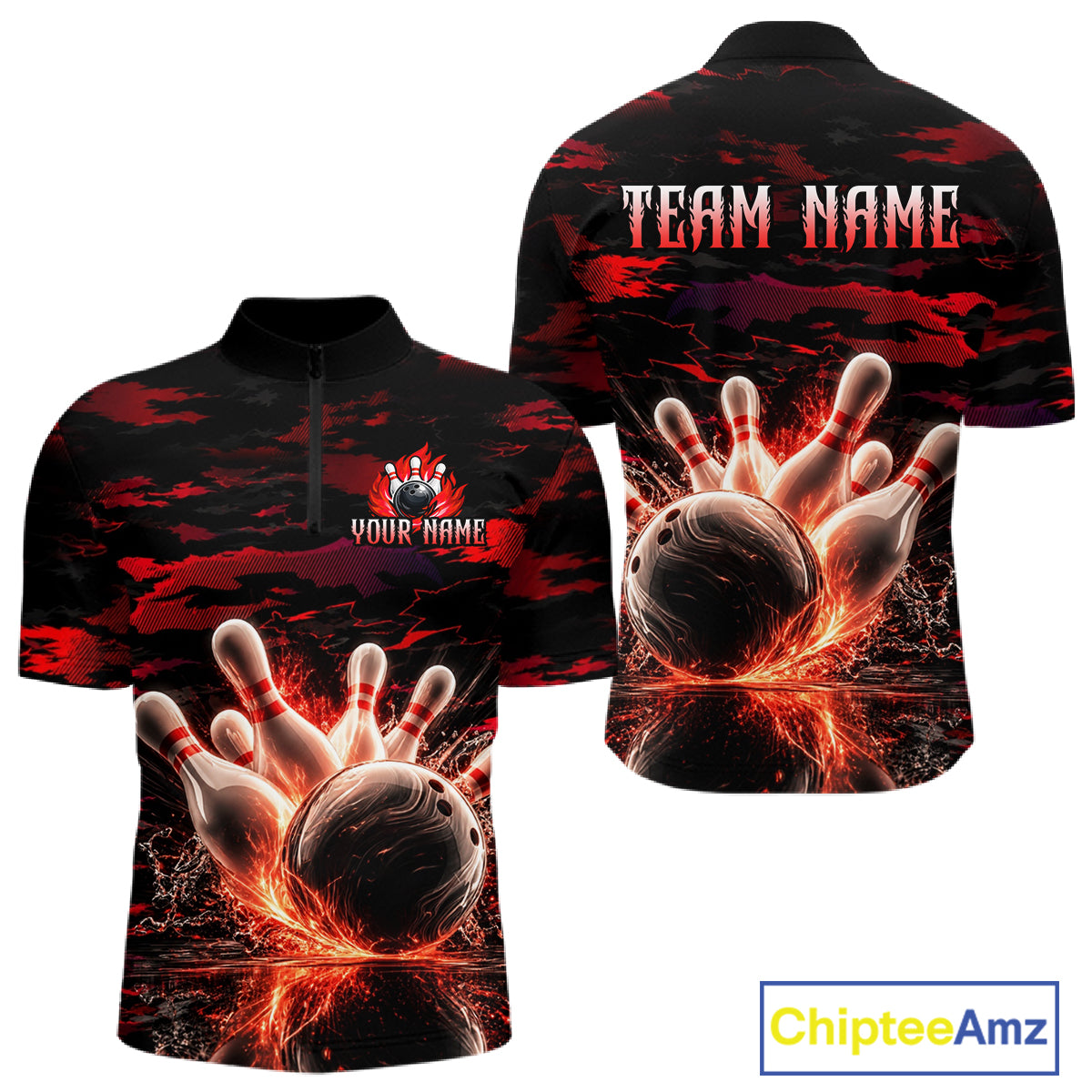 Flame Red Pattern Bowling Shirt for Men Bowling Team Jersey Polo & 1/4-Zip QZT1027