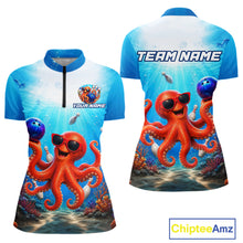 Load image into Gallery viewer, Two blue and white shirts with a cartoon octopus design on a white background, featuring 'Chiptee Amz' branding.