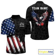 Load image into Gallery viewer, Quater-zip shirts with patriotic bowling ball design on a white background, featuring an American flag, eagle, and abstract patterns. 